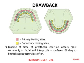 DRAWBACK
 Binding at time of prosthesis insertion occurs most
commonly at facial and interproximal surfaces. Binding at
lingual aspect occurs less often.
IMMEDIATE DENTURE 87/135
 