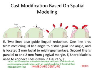 Cast Modification Based On Spatial
Modeling
E, Two lines also guide lingual reduction. One line arcs
from mesiolingual line angle to distolingual line angle, and
is located 2 mm facial to midlingual surface. Second line is
parallel to and 2 mm from gingival margin. F, Sharp blade is
used to connect lines drawn in Figure 5, E.
- Cast modification for immediate complete dentures: Traditional and
contemporary considerations with an spatial modeling (J Prosthet Dent
2008;100:399-405) 98/135IMMEDIATE DENTURE
 