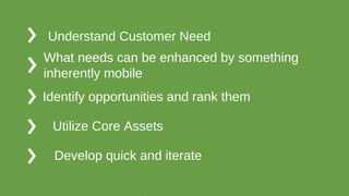 Understand Customer Need
What needs can be enhanced by something
inherently mobile
Identify opportunities and rank them
Utilize Core Assets
Develop quick and iterate