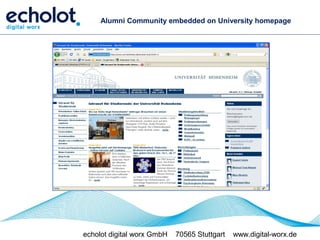 Alumni Community embedded on University homepage




echolot digital worx GmbH   70565 Stuttgart   www.digital-worx.de
 