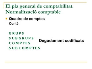 El pla general de comptabilitat. Normalització comptable Quadre de comptes Conté: GRUPS SUBGRUPS COMPTES SUBCOMPTES Degudament codificats 