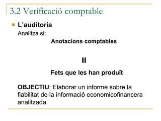 L’auditoria Analitza si: Anotacions comptables  3.2 Verificació comptable = Fets que les han produït OBJECTIU : Elaborar un informe sobre la fiabilitat de la informació economicofinancera analitzada 