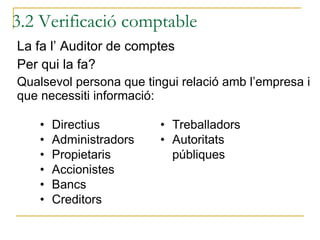 La fa l’ Auditor de comptes Per qui la fa? Qualsevol persona que tingui relació amb l’empresa i que necessiti informació: 3.2 Verificació comptable 