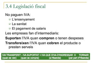 No paguen IVA: L’ensenyament La sanitat El pagament de salaris Les empreses fan d’intermediaris: Suporten  l’IVA quan  compren  o tenen despeses Transfereixen  l’IVA quan  cobren  el producte o presten serveis 3.4 Legislació fiscal 