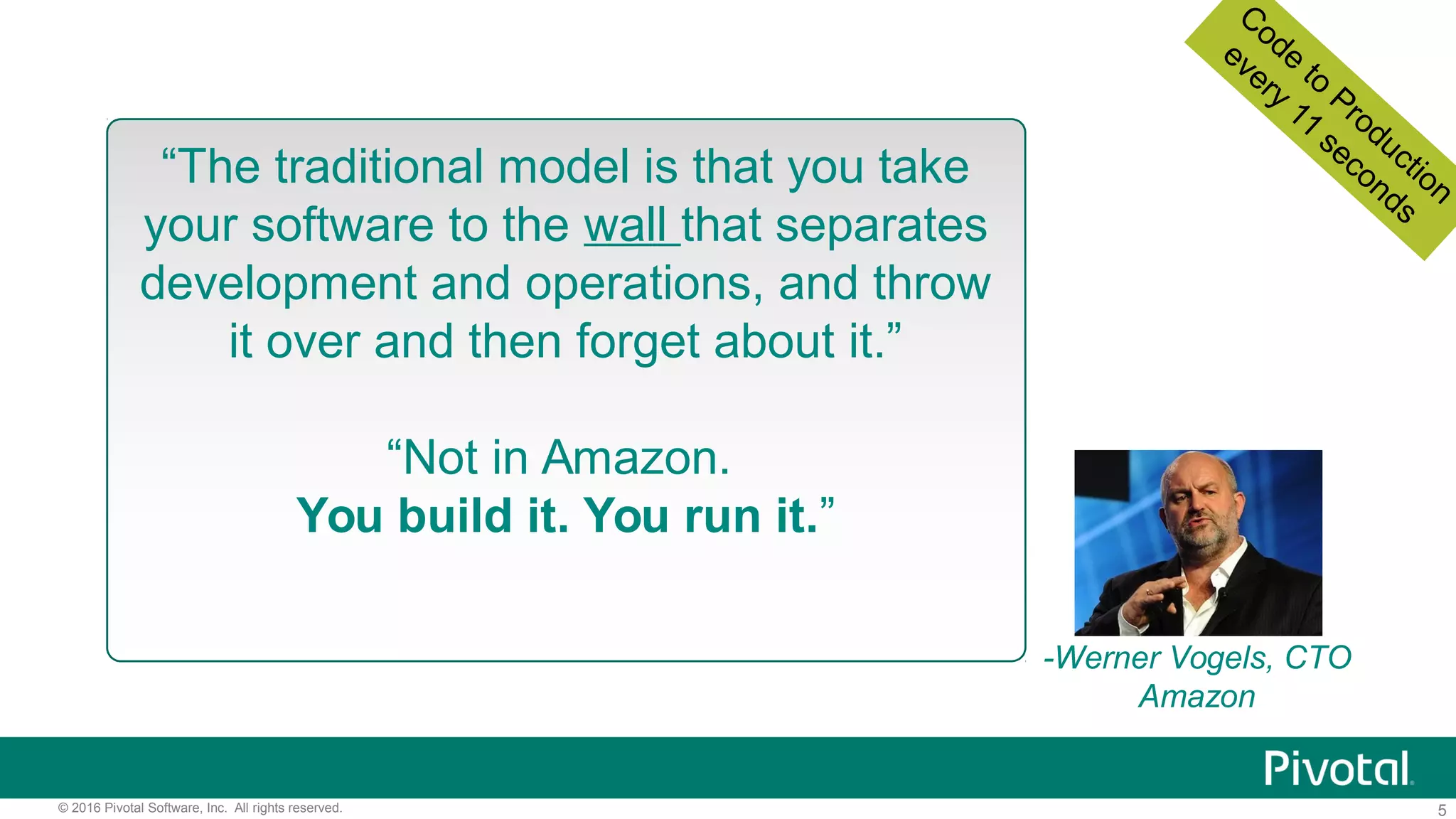 5© 2016 Pivotal Software, Inc. All rights reserved.
“The traditional model is that you take
your software to the wall that separates
development and operations, and throw
it over and then forget about it.”
“Not in Amazon.
You build it. You run it.”
-Werner Vogels, CTO
Amazon
Code
to
Production
every
11
seconds
 