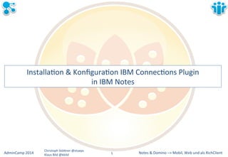 InstallaLon&&&KonfiguraLon&IBM&ConnecLons&Plugin&& 
Notes&&&Domino&–>&Mobil,&AdminCamp&2014& Christoph&StöBner&@stoeps& Web&und&als&RichClient& 
Klaus&Bild&@kbild& 
in&IBM&Notes& 
5&& 
 