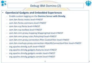 Notes&&&Domino&–>&Mobil,&AdminCamp&2014& Christoph&StöBner&@stoeps& Web&und&als&RichClient& 
Klaus&Bild&@kbild& 
Debug&IBM&Domino&(2)& 
• OpenSocial&Gadgets&and&Embedded&Experiences& 
M Enable&custom&logging&on&the&Domino&Server&with&Shindig& 
M com.ibm.fiesta.inotes.level=FINEST& 
M com.ibm.fiesta.commons.level=FINEST& 
M com.ibm.rcp.fiesta.level=FINEST& 
M com.ibm.rcp.toolbox.level=FINEST& 
M com.ibm.mm.proxy.mapping.MappingImpl.level=FINEST& 
M com.ibm.mm.proxy.rules.PolicyImpl.level=FINEST& 
M com.ibm.mm.proxy.connecLon.filter.CookieFilter.level=FINEST& 
M com.ibm.mashups.proxy.connecLon.HBpURLConnecLonFilter.level=FINEST& 
M org.apache.shindig.auth.level=FINEST& 
M org.apache.shindig.gadgets.features.level=FINEST& 
M org.apache.shindig.gadgets.render.level=FINEST& 
M org.apache.shindig.gadgets.servlet.level=FINEST&& 
77&& 
 