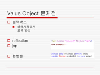 Value Object 문제점
 블랙박스
   실행시점에서
    오류 발생


 reflection
 jsp

 형변환
 