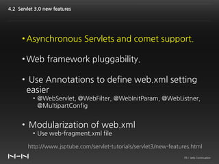 4.2 Servlet 3.0 new features




      • Asynchronous Servlets and comet support.

      • Web framework pluggability.

  ...