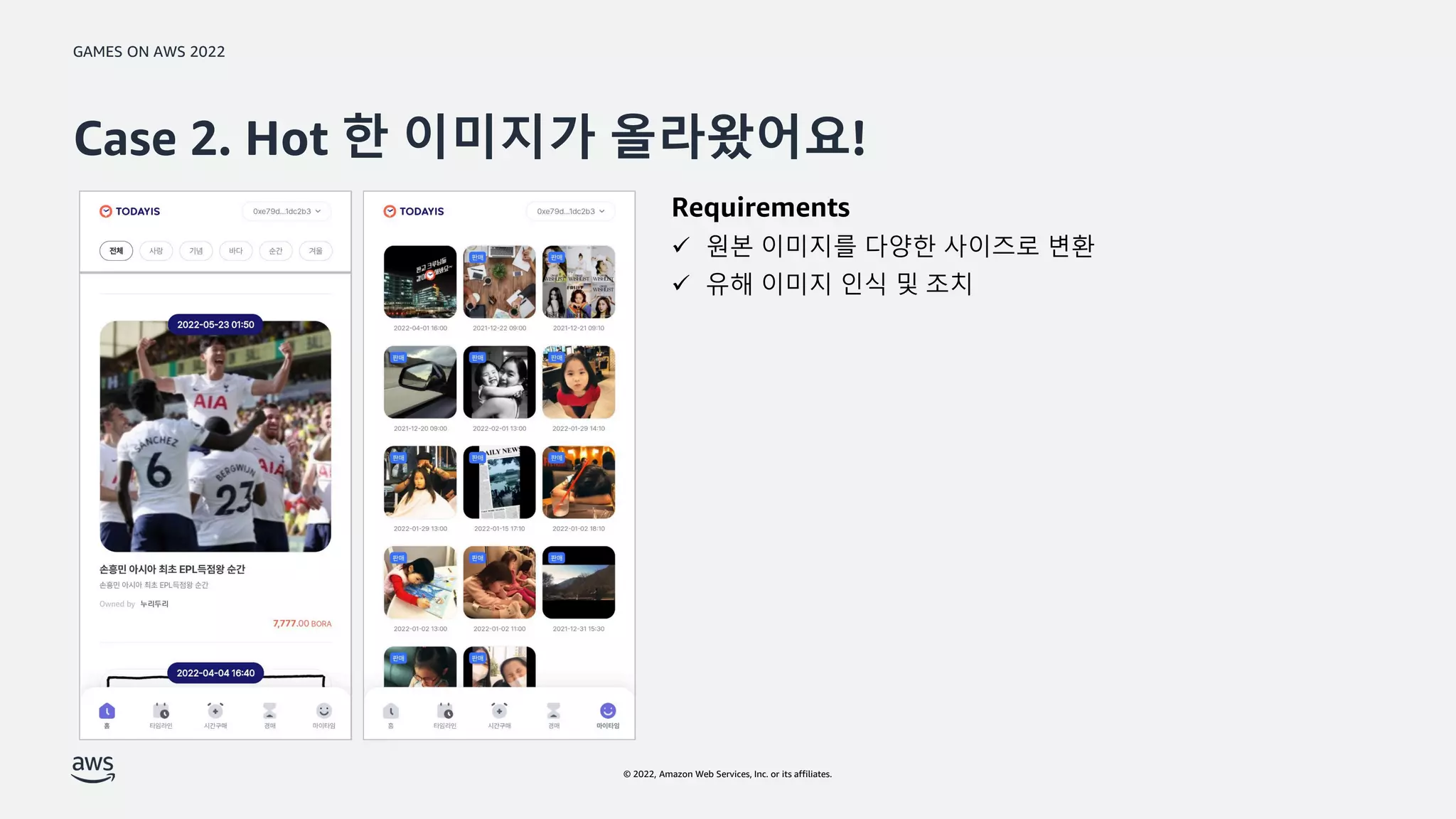 GAMES ON AWS 2022
© 2022, Amazon Web Services, Inc. or its affiliates.
Case 2. Hot 한 이미지가 올라왔어요!
Requirements
 원본 이미지를 다양한 사이즈로 변환
 유해 이미지 인식 및 조치
 