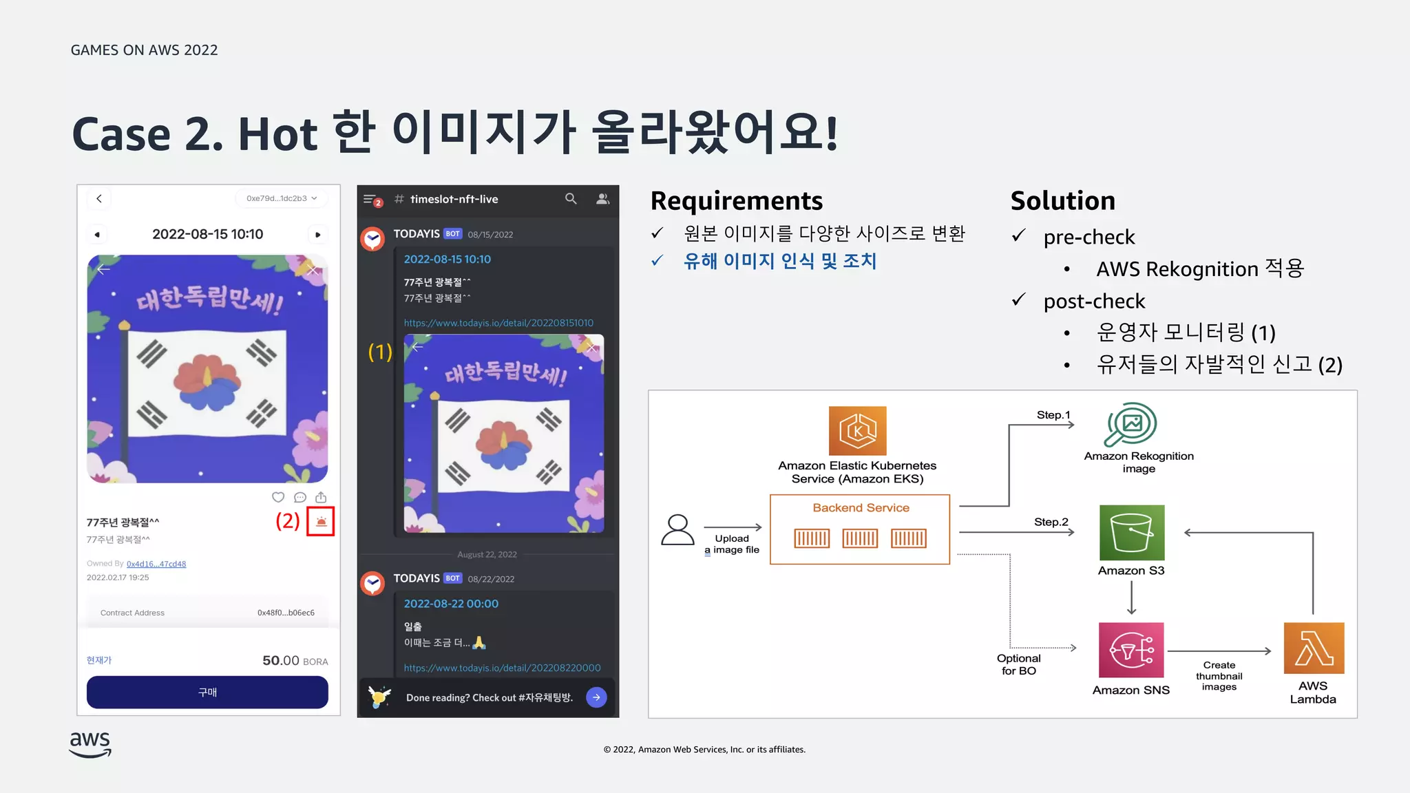 GAMES ON AWS 2022
© 2022, Amazon Web Services, Inc. or its affiliates.
Case 2. Hot 한 이미지가 올라왔어요!
Solution
 pre-check
• AWS Rekognition 적용
 post-check
• 운영자 모니터링 (1)
• 유저들의 자발적인 신고 (2)
Requirements
 원본 이미지를 다양한 사이즈로 변환
 유해 이미지 인식 및 조치
(1)
(2)
 
