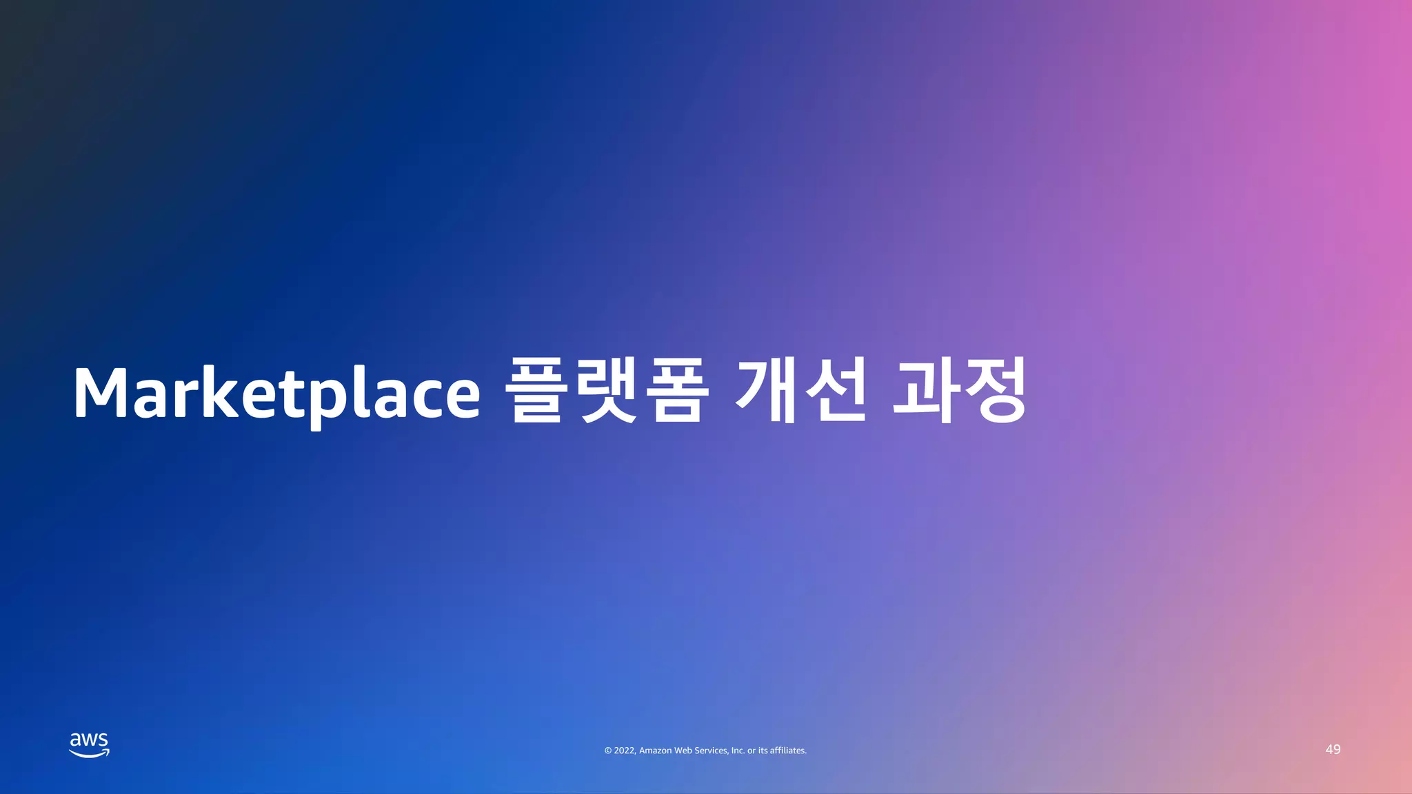 GAMES ON AWS 2022
© 2022, Amazon Web Services, Inc. or its affiliates.
© 2022, Amazon Web Services, Inc. or its affiliates.
Marketplace 플랫폼 개선 과정
49
 