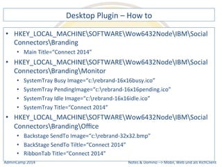 Desktop 
Plugin 
– 
How 
to 
• HKEY_LOCAL_MACHINESOFTWAREWow6432NodeIBMSocial 
ConnectorsBranding 
• HKEY_LOCAL_MACHINESOFTWAREWow6432NodeIBMSocial 
ConnectorsBrandingMonitor 
Busy 
Image=“c:rebrand-­‐16x16busy.ico” 
PendingImage=“c:rebrand-­‐16x16pending.ico” 
Idle 
Image=“c:rebrand-­‐16x16idle.ico” 
• HKEY_LOCAL_MACHINESOFTWAREWow6432NodeIBMSocial 
ConnectorsBrandingOffice 
SendTo 
Image=“c:rebrand-­‐32x32.bmp” 
Notes 
& 
Domino 
–> 
• Main 
Title=“Connect 
2014” 
• SystemTray 
• SystemTray 
• SystemTray 
• SystemTray 
Title=“Connect 
2014” 
• Backstage 
• BackStage 
SendTo 
Tiltle=“Connect 
2014” 
• RibbonTab 
Title=“Connect 
2014” 
Mobil, 
Web 
AdminCamp 
2014 
und 
als 
RichClient 
 