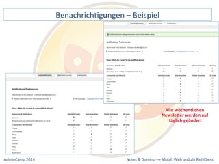 BenachrichDgungen 
– 
Beispiel 
Notes 
& 
Domino 
–> 
Alle 
wöchentlichen 
Newsle2er 
werden 
auf 
täglich 
geändert 
Mobil, 
Web 
AdminCamp 
2014 
und 
als 
RichClient 
 