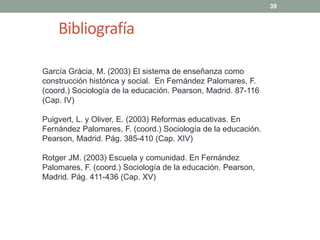 García Gràcia, M. (2003) El sistema de enseñanza como
construcción histórica y social. En Fernández Palomares, F.
(coord.) Sociología de la educación. Pearson, Madrid. 87-116
(Cap. IV)
Puigvert, L. y Oliver, E. (2003) Reformas educativas. En
Fernández Palomares, F. (coord.) Sociología de la educación.
Pearson, Madrid. Pág. 385-410 (Cap. XIV)
Rotger JM. (2003) Escuela y comunidad. En Fernández
Palomares, F. (coord.) Sociología de la educación. Pearson,
Madrid. Pág. 411-436 (Cap. XV)
Bibliografía
39
 