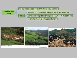 El poblament
rural
És la part de l’espai rural on habiten les persones
Tipus
Dispers: la població viu en cases disperses pel camp
Concentrat: la població viu junta en un nucli de població
Intercalar: barreja dels dos anteriors
 