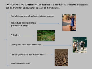 • AGRICULTURA DE SUBSISTÈNCIA: destinada a produir els aliments necessaris
per als mateixos agricultors i abastar el mercat local.
És molt important als països subdesenvolupats
Agricultura de subsistència
(per consum propi)
Policultiu
Tècniques i eines molt primitives
Forta dependència dels factors físics
Rendiments escassos
 