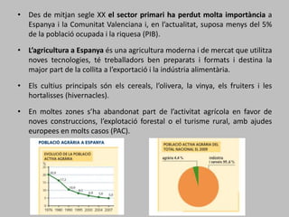 • Des de mitjan segle XX el sector primari ha perdut molta importància a
Espanya i la Comunitat Valenciana i, en l’actualitat, suposa menys del 5%
de la població ocupada i la riquesa (PIB).
• L’agricultura a Espanya és una agricultura moderna i de mercat que utilitza
noves tecnologies, té treballadors ben preparats i formats i destina la
major part de la collita a l’exportació i la indústria alimentària.
• Els cultius principals són els cereals, l’olivera, la vinya, els fruiters i les
hortalisses (hivernacles).
• En moltes zones s’ha abandonat part de l’activitat agrícola en favor de
noves construccions, l’explotació forestal o el turisme rural, amb ajudes
europees en molts casos (PAC).
 