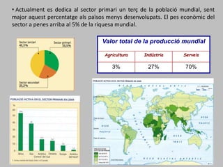 Valor total de la producció mundial
Agricultura Indústria Serveis
3% 27% 70%
• Actualment es dedica al sector primari un terç de la població mundial, sent
major aquest percentatge als països menys desenvolupats. El pes econòmic del
sector a penes arriba al 5% de la riquesa mundial.
 