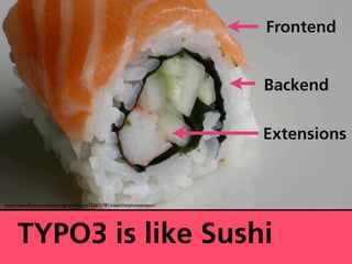 Frontend


                                                                            Backend

                                                                            Extensions



http://www.ﬂickr.com/photos/grendelkhan/121671781/sizes/l/in/photostream/




      TYPO3 is like Sushi
 