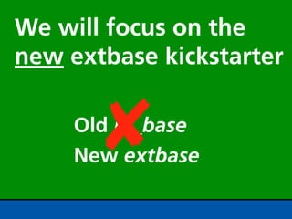 We will focus on the
new extbase kickstarter


       ✘
     Old pi_base
     New extbase
 