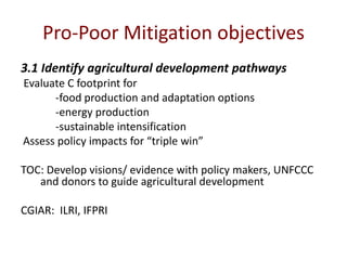 Major Activities in 2011Regional mitigation planning workshopsRoad map and synthesis of GHG quantification for smallholders: Towards standardsGHG assessment tool (ILRI)GHG inventory training (ILRI, Nepal, GRA)Comparative evaluation of process models in field (region-led)Action research on technical and economic feasibility of C market for smallholdersReview of pro-poor     mitigation incentivesFood and REDD