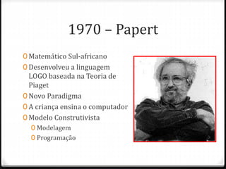 1970 – Papert
0 Matemático Sul-africano
0 Desenvolveu a linguagem
LOGO baseada na Teoria de
Piaget
0 Novo Paradigma
0 A criança ensina o computador
0 Modelo Construtivista
0 Modelagem
0 Programação
 