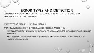 ERROR TYPES AND DETECTION
SCENARIO: A PROGRAMMER COMPLETES CODING. SHE ATTEMPTS TO CREATE AN
EXECUTABLE SOLUTION. THIS FAILS.
WHAT TYPE OF ERROR ? SYNTAX ERROR !
WHAT IS AVAILABLE TO THE PROGRAMMER TO HELP AVOID THIS ?
SYNTAX DEFINITIONS AND HELP IN THE FORM OF METALANGUAGES SUCH AS EBNF AND RAILROAD
DIAGRAMS
MESSAGES WITHIN THE PROGRAMMING ENVIRONMENT THAT REPORT SYNTAX ERRORS AND
SUGGEST CORRECTIONS
 