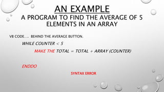 AN EXAMPLE
A PROGRAM TO FIND THE AVERAGE OF 5
ELEMENTS IN AN ARRAY
VB CODE…. BEHIND THE AVERAGE BUTTON.
WHILE COUNTER < 5
MAKE THE TOTAL = TOTAL + ARRAY (COUNTER)
ENDDO
SYNTAX ERROR
 