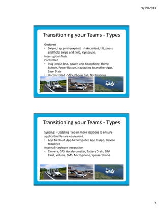 9/19/2013

Transitioning your Teams - Types
Gestures
• Swipe, tap, pinch/expand, shake, orient, tilt, press
and hold, swipe and hold, eye pause.
Interruption Tests
Controlled
• Plug in/out USB, power, and headphone, Home
Button, Power Button, Navigating to another App,
Save State
• Uncontrolled - SMS, Phone Call, Notifications

Transitioning your Teams - Types
Syncing - Updating two or more locations to ensure
applicable files are equivalent.
• App to Cloud, App to Computer, App to App, Device
to Device
Internal Hardware Integration
• Camera, GPS, Accelerometer, Battery Drain, SIM
Card, Volume, SMS, Microphone, Speakerphone

7

 