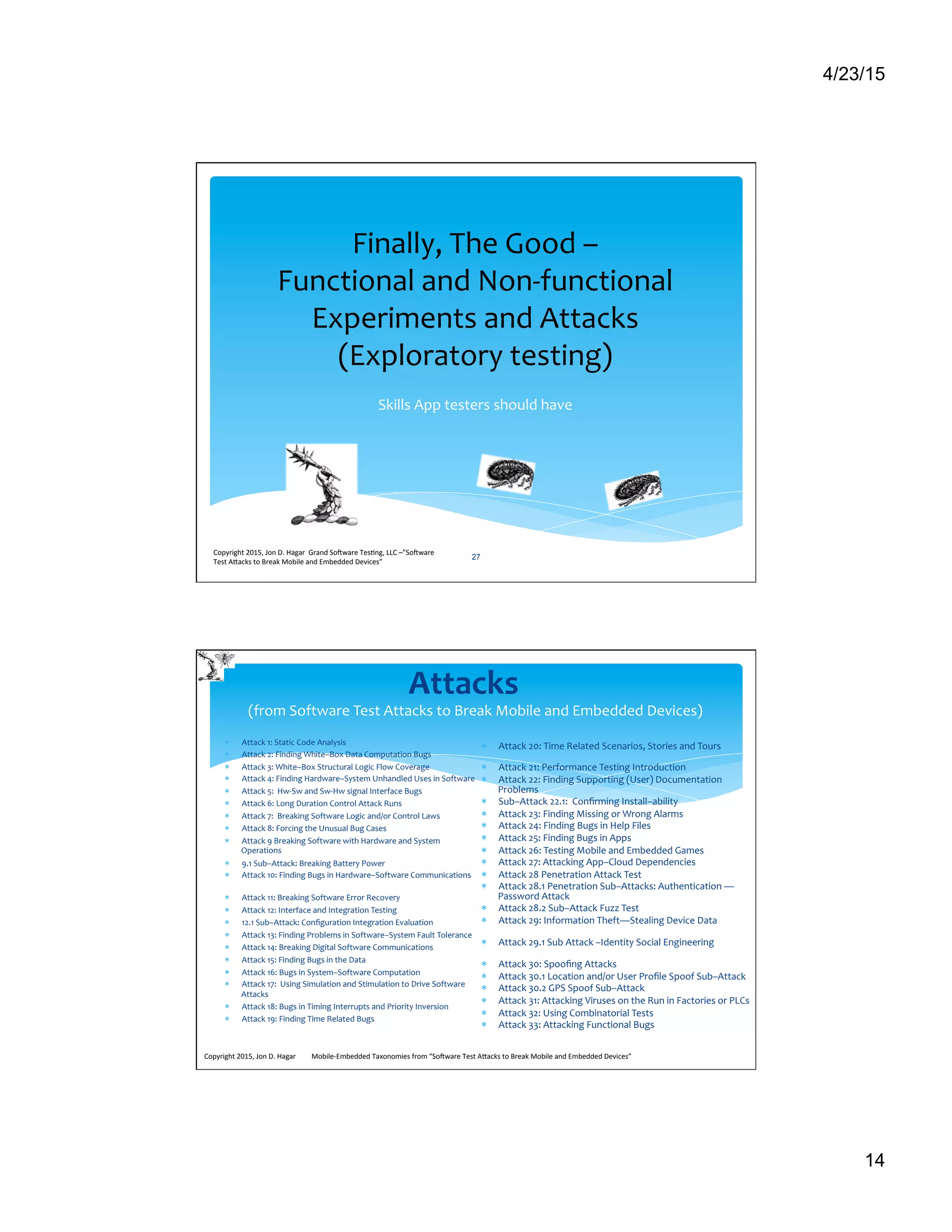 4/23/15
14
Finally,	
  The	
  Good	
  –	
  	
  
Functional	
  and	
  Non-­‐functional	
  
Experiments	
  and	
  Attacks	
  
(Exploratory	
  testing)	
  
	
  Skills	
  App	
  testers	
  should	
  have	
  
Copyright	
  2015,	
  Jon	
  D.	
  Hagar	
  	
  Grand	
  So9ware	
  Tes>ng,	
  LLC	
  –”So9ware	
  
Test	
  ACacks	
  to	
  Break	
  Mobile	
  and	
  Embedded	
  Devices”	
  	
  	
  
27
Attacks	
  	
  
	
  	
  	
  	
  	
  	
  	
  (from	
  Software	
  Test	
  Attacks	
  to	
  Break	
  Mobile	
  and	
  Embedded	
  Devices)	
  
*  Attack	
  1:	
  Static	
  Code	
  Analysis 	
  	
  
*  Attack	
  2:	
  Finding	
  White–Box	
  Data	
  Computation	
  Bugs 	
  	
  
*  Attack	
  3:	
  White–Box	
  Structural	
  Logic	
  Flow	
  Coverage	
  
*  Attack	
  4:	
  Finding	
  Hardware–System	
  Unhandled	
  Uses	
  in	
  Software	
  
*  Attack	
  5:	
  	
  Hw-­‐Sw	
  and	
  Sw-­‐Hw	
  signal	
  Interface	
  Bugs	
  
*  Attack	
  6:	
  Long	
  Duration	
  Control	
  Attack	
  Runs 	
  	
  
*  Attack	
  7:	
  	
  Breaking	
  Software	
  Logic	
  and/or	
  Control	
  Laws	
  
*  Attack	
  8:	
  Forcing	
  the	
  Unusual	
  Bug	
  Cases 	
  	
  
*  Attack	
  9	
  Breaking	
  Software	
  with	
  Hardware	
  and	
  System	
  
Operations	
  
*  9.1	
  Sub–Attack:	
  Breaking	
  Battery	
  Power 	
  	
  
*  Attack	
  10:	
  Finding	
  Bugs	
  in	
  Hardware–Software	
  Communications
	
  	
  
*  Attack	
  11:	
  Breaking	
  Software	
  Error	
  Recovery 	
  	
  
*  Attack	
  12:	
  Interface	
  and	
  Integration	
  Testing 	
  	
  
*  12.1	
  Sub–Attack:	
  Conﬁguration	
  Integration	
  Evaluation 	
  	
  
*  Attack	
  13:	
  Finding	
  Problems	
  in	
  Software–System	
  Fault	
  Tolerance	
  
*  Attack	
  14:	
  Breaking	
  Digital	
  Software	
  Communications 	
  	
  
*  Attack	
  15:	
  Finding	
  Bugs	
  in	
  the	
  Data 	
  	
  
*  Attack	
  16:	
  Bugs	
  in	
  System–Software	
  Computation 	
  	
  
*  Attack	
  17:	
  	
  Using	
  Simulation	
  and	
  Stimulation	
  to	
  Drive	
  Software	
  
Attacks	
  
*  Attack	
  18:	
  Bugs	
  in	
  Timing	
  Interrupts	
  and	
  Priority	
  Inversion	
  
*  Attack	
  19:	
  Finding	
  Time	
  Related	
  Bugs 	
  	
  
*  Attack	
  20:	
  Time	
  Related	
  Scenarios,	
  Stories	
  and	
  Tours
	
  	
  
*  Attack	
  21:	
  Performance	
  Testing	
  Introduction 	
  	
  
*  Attack	
  22:	
  Finding	
  Supporting	
  (User)	
  Documentation	
  
Problems	
  
*  Sub–Attack	
  22.1:	
  	
  Conﬁrming	
  Install–ability 	
  	
  
*  Attack	
  23:	
  Finding	
  Missing	
  or	
  Wrong	
  Alarms 	
  	
  
*  Attack	
  24:	
  Finding	
  Bugs	
  in	
  Help	
  Files 	
  	
  
*  Attack	
  25:	
  Finding	
  Bugs	
  in	
  Apps 	
  	
  
*  Attack	
  26:	
  Testing	
  Mobile	
  and	
  Embedded	
  Games	
  	
  
*  Attack	
  27:	
  Attacking	
  App–Cloud	
  Dependencies 	
  	
  
*  Attack	
  28	
  Penetration	
  Attack	
  Test 	
  	
  
*  Attack	
  28.1	
  Penetration	
  Sub–Attacks:	
  Authentication	
  —	
  
Password	
  Attack 	
  	
  
*  Attack	
  28.2	
  Sub–Attack	
  Fuzz	
  Test	
  	
  
*  Attack	
  29:	
  Information	
  Theft—Stealing	
  Device	
  Data
	
  	
  
*  Attack	
  29.1	
  Sub	
  Attack	
  –Identity	
  Social	
  Engineering
	
  	
  
*  Attack	
  30:	
  Spooﬁng	
  Attacks 	
  	
  
*  Attack	
  30.1	
  Location	
  and/or	
  User	
  Proﬁle	
  Spoof	
  Sub–Attack	
  
*  Attack	
  30.2	
  GPS	
  Spoof	
  Sub–Attack 	
  	
  
*  Attack	
  31:	
  Attacking	
  Viruses	
  on	
  the	
  Run	
  in	
  Factories	
  or	
  PLCs	
  
*  Attack	
  32:	
  Using	
  Combinatorial	
  Tests 	
  	
  
*  Attack	
  33:	
  Attacking	
  Functional	
  Bugs 	
  	
  
	
  	
  
Copyright	
  2015,	
  Jon	
  D.	
  Hagar	
  	
  	
  	
  	
  	
  	
  	
  	
  Mobile-­‐Embedded	
  Taxonomies	
  from	
  “So9ware	
  Test	
  ACacks	
  to	
  Break	
  Mobile	
  and	
  Embedded	
  Devices”	
  
 