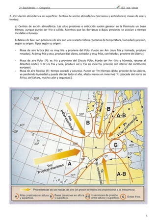 2º Bachillerato - Geografía ! IES Isla Verde
2.-­‐	
  Circulación	
  atmosférica	
  en	
  superﬁcie:	
  Centros	
  de	
  acción	
  atmosférica	
  (borrascas	
  y	
  anFciclones),	
  masas	
  de	
  aire	
  y	
  
frentes:	
  
a)	
   Centros	
   de	
   acción	
   atmosférica:	
   Las	
   altas	
   presiones	
   o	
   anFciclón	
   suelen	
   generar	
   en	
   la	
   Península	
   un	
   buen	
  
Fempo,	
  aunque	
  puede	
  ser	
  frío	
  o	
  cálido.	
  Mientras	
  que	
  las	
  Borrascas	
  o	
  Bajas	
  presiones	
  se	
  asocian	
  a	
  Fempo	
  
inestable	
  o	
  lluvioso.	
  
b)	
  Masas	
  de	
  Aire:	
  son	
  porciones	
  de	
  aire	
  con	
  unas	
  caracterísFcas	
  concretas	
  de	
  temperatura,	
  humedad	
  y	
  presión,	
  
según	
  su	
  origen.	
  Tipos	
  según	
  su	
  origen:	
  	
  
-­‐ Masa	
   de	
   aire	
   ÁrFca	
   (A):	
   es	
   muy	
   fría	
   y	
   proviene	
   del	
   Polo.	
   Puede	
   ser	
   Am	
   (muy	
   fría	
   y	
   húmeda,	
   produce	
  
nevadas).	
  Ac	
  (muy	
  fría	
  y	
  seca,	
  produce	
  días	
  claros,	
  soleados	
  y	
  muy	
  fríos,	
  con	
  heladas,	
  proviene	
  de	
  Siberia).	
  
-­‐ Masa	
   de	
   aire	
   Polar	
   (P):	
   es	
   fría	
   y	
   proviene	
   del	
   Círculo	
   Polar.	
   Puede	
   ser	
   Pm	
   (fría	
   y	
   húmeda,	
   recorre	
   el	
  
AtlánFco	
  norte),	
  y	
  Pc	
  (es	
  fría	
  y	
  seca,	
  produce	
  sol	
  y	
  frío	
  en	
  invierno,	
  procede	
  del	
  interior	
  del	
  conFnente	
  
europeo).	
  	
  
-­‐ Masa	
  de	
  aire	
  Tropical	
  (T):	
  Fempo	
  soleado	
  y	
  caluroso.	
  Puede	
  ser	
  Tm	
  (Fempo	
  cálido,	
  procede	
  de	
  las	
  Azores,	
  
va	
  perdiendo	
  humedad	
  y	
  puede	
  afectar	
  todo	
  el	
  año,	
  afecta	
  menos	
  en	
  invierno).	
  Tc	
  (procede	
  del	
  norte	
  de	
  
África,	
  del	
  Sahara,	
  mucho	
  calor	
  y	
  sequedad.).	
  	
  
	
  
!5
 