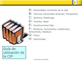 A: Necesidades corrientes de la vida
                 B: Técnicas industriales diversas; Transportes
                 C: Química; Metalurgia
                 D: Textiles; Papel
                 E: Construcciones fijas
                 F: Mecánica; Iluminación; Calefacción;
                 Armamento, Voladura
                 G:   Física
                 H:   Electricidad



Guía de
utilización de
la CIP
                      Nils Omland, May 2009
 
