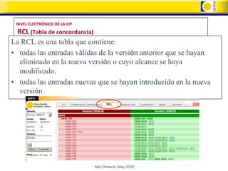 NIVEL ELECTRÓNICO DE LA CIP
  RCL (Tabla de concordancia)
La RCL es una tabla que contiene:
• todas las entradas válidas de la versión anterior que se hayan
  eliminado en la nueva versión o cuyo alcance se haya
  modificado,
• todas las entradas nuevas que se hayan introducido en la nueva
  versión.




                               Nils Omland, May 2009
 