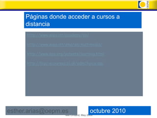 Páginas donde acceder a cursos a
      distancia
      http://www.wipo.int/academy/en/

      http://www.wipo.int/sme/en/multimedia/

      http://www.epo.org/patents/learning.html

      http://bipc-ecourses.bl.uk/admChoice.asp




esther.arias@oepm.es                         octubre 2010
                          Nils Omland, May 2009
 