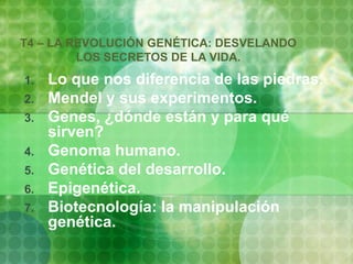 T4 – LA REVOLUCIÓN GENÉTICA: DESVELANDO
LOS SECRETOS DE LA VIDA.
1. Lo que nos diferencia de las piedras.
2. Mendel y sus experimentos.
3. Genes, ¿dónde están y para qué
sirven?
4. Genoma humano.
5. Genética del desarrollo.
6. Epigenética.
7. Biotecnología: la manipulación
genética.
 