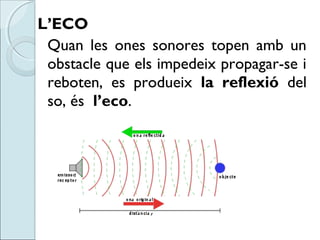 L’ECO
Quan les ones sonores topen amb un
obstacle que els impedeix propagar-se i
reboten, es produeix la reflexió del
so, ...