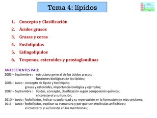 Tema 4: lípidos ,[object Object],[object Object],[object Object],[object Object],[object Object],[object Object],ANTECEDENTES PAU: 2003 – Septiembre :  estructura general de los ácidos grasos; funciones biológicas de los lípidos; 2006 – Junio : concepto de lípido y fosfolípido;   grasas y esteroides, importancia biológica y ejemplos; 2007 – Septiembre :  lípidos, concepto, clasificación según composición química; el colesterol y su función; 2010 – Junio : fosfolípidos, indicar su polaridad y su repercusión en la formación de mbs celulares; 2011 – Junio : fosfolípidos, explicar su estructura y por qué son moléculas anfipáticas;   el colesterol y su función en las membranas; 
