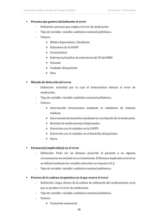 TESIS DOCTORAL: ISABEL Mª GARCÍA LÓPEZ MATERIAL Y MÉTODOS
78
 Persona que genera inicialmente el error
- Definición: persona que origina el error de medicación.
- Tipo de variable: variable cualitativa nominal politómica.
- Valores:
 Médico Especialista / Residente
 Enfermera de la UAIPP
 Farmacéutico
 Enfermera/Auxiliar de enfermería del SF del HNJS
 Paciente
 Cuidador del paciente
 Otro
 Método de detección del error
- Definición: actividad por la cual el farmacéutico detecta el error de
medicación.
- Tipo de variable: variable cualitativa nominal politómica.
- Valores:
 Intervención farmacéutica mediante la validación de órdenes
médicas.
 Intervención farmacéutica mediante la conciliación de la medicación.
 Revisión de medicamentos dispensados.
 Entrevista con el cuidador en la CAFPP.
 Entrevista con el cuidador en el domicilio del paciente.
 Otros.
 Fármaco(s) implicado(s) en el error
- Definición: Pudo ser un fármaco prescrito al paciente o en algunas
circunstancias no incluido en su tratamiento. El fármaco implicado en el error
se definió mediante las variables descritas en el punto 4.5.2.
- Tipo de variable: variable cualitativa nominal politómica.
 Proceso de la cadena terapéutica en el que ocurre el error
- Definición: etapa, dentro de la cadena de utilización del medicamento, en la
que se produce el error de medicación.
- Tipo de variable: variable cualitativa nominal politómica.
- Valores:
 Transición asistencial
 