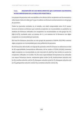 TESIS DOCTORAL: ISABEL Mª GARCÍA LÓPEZ RESULTADOS
124
5.2.6. DESCRIPCIÓN DE LOS MEDICAMENTOS QUE CONTIENEN EXCIPIENTES
NO RECOMENDADOS EN LA POBLACIÓN PEDIÁTRICA.
Los grupos de pacientes más susceptibles a los efectos de los excipientes son los neonatos y
niños hasta 2 años de edad, por lo que el análisis se efectuará exclusivamente en este grupo
de pacientes.
Todos los pacientes incluidos en el estudio, con edad comprendida entre 0-23 meses,
tuvieron al menos un fármaco que contenía excipientes no recomendados en pediatría. La
mediana de fármacos utilizados con excipientes no recomendados en este grupo fue 4,5
[IQI=2-6,75], oscilando entre un mínimo de 2 y un máximo de 14 fármacos con algún
excipiente no recomendado por paciente.
Del total de fármacos prescritos en este grupo de pacientes el 48,4% (92/190) contenía
algún excipiente no recomendado para esta población de pacientes.
En el transcurso del estudio, en el grupo de pacientes entre 0-23 meses se utilizaron un total
de 82 especialidades farmacéuticas diferentes, de las cuales el 52,4% (43/82) contenían
algún excipiente no recomendado en este intervalo de edad (se han tenido en cuenta los
excipientes reflejados en la tabla I-5). De estas especialidades farmacéuticas las utilizadas
con mayor frecuencia fueron: melatonina gotas orales (n=9), levetiracetam solución oral
(n=8), morfina solución oral (n=5), diazepam solución rectal (n=5), diazepam solución oral
(n=5), gabapentina solución oral (n=5) y carnitina solución oral (n=4).
 