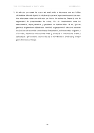 TESIS DOCTORAL: ISABEL Mª GARCÍA LÓPEZ CONCLUSIONES
198
5. Un elevado porcentaje de errores de medicación se detectaron una vez habían
alcanzado al paciente; a pesar de ello, la mayor parte no le produjeron daño al paciente.
Las principales causas asociadas con los errores de medicación fueron la falta de
seguimiento de procedimientos de trabajo, falta de conocimientos sobre los
medicamentos, lapsus/despistes, y problemas de comunicación. De ahí, que las
prácticas de prevención deban estar centradas en proporcionar educación sanitaria
relacionada con la correcta utilización de medicamentos, especialmente a los padres y
cuidadores, mejorar la comunicación verbal y potenciar la comunicación escrita y
concienciar a profesionales y cuidadores de la importancia de establecer y cumplir
procedimientos de trabajo.
 