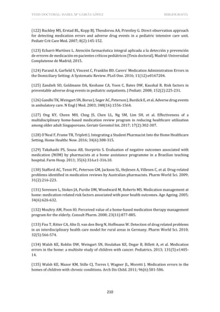TESIS DOCTORAL: ISABEL Mª GARCÍA LÓPEZ BIBLIOGRAFÍA
210
(122) Buckley MS, Erstad BL, Kopp BJ, Theodorou AA, Priestley G. Direct observation approach
for detecting medication errors and adverse drug events in a pediatric intensive care unit.
Pediatr Crit Care Med. 2007; 8(2):145-152.
(123) Echarri-Martínez L. Atención farmacéutica integral aplicada a la detección y prevención
de errores de medicación en pacientes críticos pediátricos [Tesis doctoral]. Madrid: Universidad
Complutense de Madrid; 2015.
(124) Parand A, Garfield S, Vincent C, Franklin BD. Carers' Medication Administration Errors in
the Domiciliary Setting: A Systematic Review. PLoS One. 2016; 11(12):e0167204.
(125) Zandieh SO, Goldmann DA, Keohane CA, Yoon C, Bates DW, Kaushal R. Risk factors in
preventable adverse drug events in pediatric outpatients. J Pediatr. 2008; 152(2):225-231.
(126) Gandhi TK, Weingart SN, Borus J, Seger AC, Peterson J, Burdick E, et al. Adverse drug events
in ambulatory care. N Engl J Med. 2003; 348(16):1556-1564.
(127) Ong KY, Cheen MH, Chng JS, Chen LL, Ng SM, Lim SH, et al. Effectiveness of a
multidisciplinary home-based medication review program in reducing healthcare utilization
among older adult Singaporeans. Geriatr Gerontol Int. 2017; 17(2):302-307.
(128) O'Neal F, Frame TR, Triplett J. Integrating a Student Pharmacist Into the Home Healthcare
Setting. Home Healthc Now. 2016; 34(6):308-315.
(129) Takahashi PS, Sousa AB, Storpirtis S. Evaluation of negative outcomes associated with
medication (NOM) by pharmacists at a home assistance programme in a Brazilian teaching
hospital. Farm Hosp. 2011; 35(6):316.e1-316.10.
(130) Stafford AC, Tenni PC, Peterson GM, Jackson SL, Hejlesen A, Villesen C, et al. Drug-related
problems identified in medication reviews by Australian pharmacists. Pharm World Sci. 2009;
31(2):216-223.
(131) Sorensen L, Stokes JA, Purdie DM, Woodward M, Roberts MS. Medication management at
home: medication-related risk factors associated with poor health outcomes. Age Ageing. 2005;
34(6):626-632.
(132) Moultry AM, Poon IO. Perceived value of a home-based medication therapy management
program for the elderly. Consult Pharm. 2008; 23(11):877-885.
(133) Fiss T, Ritter CA, Alte D, van den Berg N, Hoffmann W. Detection of drug related problems
in an interdisciplinary health care model for rural areas in Germany. Pharm World Sci. 2010;
32(5):566-574.
(134) Walsh KE, Roblin DW, Weingart SN, Houlahan KE, Degar B, Billett A, et al. Medication
errors in the home: a multisite study of children with cancer. Pediatrics. 2013; 131(5):e1405-
14.
(135) Walsh KE, Mazor KM, Stille CJ, Torres I, Wagner JL, Moretti J. Medication errors in the
homes of children with chronic conditions. Arch Dis Child. 2011; 96(6):581-586.
 