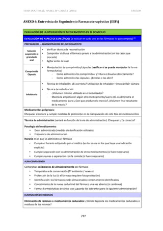 TESIS DOCTORAL: ISABEL Mª GARCÍA LÓPEZ ANEXOS
227
ANEXO 6. Entrevista de Seguimiento Farmacoterapéutico (ESFt)
EVALUACIÓN DE LA UTILIZACIÓN DE MEDICAMENTOS EN EL DOMICILIO
EVALUACIÓN DE ASPECTOS ESPECÍFICOS (a evaluar en cada uno de los fármacos lo que competa) (1)
PREPARACIÓN – ADMINISTRACIÓN DEL MEDICAMENTO
Solución
suspensión o
granulado
oral
▪ Verificar técnica de reconstitución
▪ Comprobar si diluye el fármaco previo a la administración (en los casos que
proceda)
▪ Agitar antes de usar
Comprimido
Cápsula
▪ Manipulación de comprimidos/cápsulas (verificar si se puede manipular la forma
farmacéutica)
- Como administra los comprimidos: ¿Tritura o disuelve directamente?
- Como administra las cápsulas: ¿Enteras o las abre?
Inhalatoria
▪ Técnica de inhalación: ¿Es correcta? Utilización de inhalador + (mascarilla)+ cámara
▪ Técnica de nebulización:
- ¿Volumen mínimo utilizado en el nebulizador?
- Mezcla la ampolla con algún otro medicamento/suero etc. o administra el
medicamento puro: ¿Con que producto lo mezcla? ¿Volumen final resultante
de la mezcla?
Medicamentos peligrosos:
Chequear si conoce y cumple medidas de protección en la manipulación de este tipo de medicamentos
Técnica de administración (variará en función de la vía de administración): Chequear: ¿Es correcta?
Posología del medicamento:
▪ Dosis administrada (medida de dosificación utilizada)
▪ Frecuencia de administración
Horario en el que se administra el fármaco
▪ Cumple el horario estipulado por el médico (en los casos en los que haya una indicación
explícita)
▪ Cumple separación con la administración de otros medicamentos (si fuere necesario)
▪ Cumple ayunas o separación con la comida (si fuere necesario)
ALMACENAMIENTO
Comprobar condiciones de almacenamiento del fármaco
▪ Temperatura de conservación (Tª ambiente / nevera)
▪ Protección de la luz (si el fármaco requiere fotoprotección)
▪ Identificación: los fármacos están almacenados correctamente identificados
▪ Conocimiento de la nueva caducidad del fármaco una vez abierto (si cambiase)
▪ Formas Farmacéuticas de único uso: ¿guarda los sobrantes para la siguiente administración?
ELIMINACIÓN DE RESIDUOS
Eliminación de residuos o medicamentos caducados: ¿Dónde deposita los medicamentos caducados o
residuos de los mismos?
 