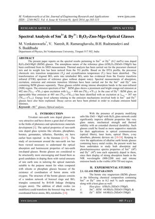 M. Venkateswarlu et al Int. Journal of Engineering Research and Applications www.ijera.com
ISSN : 2248-9622, Vol. 4, Issue 4( Version 9), April 2014, pp.103-113
www.ijera.com 103 | P a g e
Spectral Analysis of Sm3+
& Dy3+
: B2O3-Zno-Mgo Optical Glasses
M. Venkateswarlu*
, V. Naresh, R. Ramaraghavulu, B.H. Rudramadevi and
S. Buddhudu
Department of Physics, Sri Venkateswara University, Tirupati 517 502, India
ABSTRACT
The present paper reports on the spectral results pertaining to Sm3+
or Dy3+
(0.2 mol%) ions doped
B2O3-ZnO-MgO (BZM) glasses. The amorphous nature of the reference glass (65B2O3-20ZnO-15MgO) has
been confirmed from its XRD measurement. Thermal analysis has been carried out for the precursor chemical
mix and its weight loss has been noticed from the TG profile. Based on the DTA profile, the precursor
chemicals mix transition temperature (Tg) and crystallization temperature (Tc) have been identified. The
transformation of trigonal BO3 units into tetrahedral BO4 units has evidenced from the Fourier transform
infrared (FTIR) spectrum of reference glass without dopant ion(s). Spectral measurements of absorption,
excitation, emission and emission transition lifetimes have been carried out for the Sm3+
and Dy3+
ions
containing BZM glasses separately. These glasses exhibit strong intense absorption bands in the near-infrared
(NIR) region. The emission spectrum of Sm3+
: BZM glass shows a prominent and bright orange-red emission at
602 nm (4
G5/2 6
H7/2) upon excitation with λexci = 404 nm (6
H5/24
F7/2). In the case of Dy3+
: BZM glass, an
appreciable blue emission at 485 nm (4
F9/26
H15/2) has been identified with an excitation at λexci = 387 nm
(6
H15/24
I13/2). Energy level schemes relating to the emission mechanisms involved both in Sm3+
and Dy3+
glasses have also been explained. Decay curves are have been plotted in order to evaluate emission band
lifetimes.
Keywords - RE3+
glasses, Optical analysis
I. INTRODUCTION
Trivalent rare-earth ions doped glasses are
very attractive and have drawn a great deal of interest
in the fields of photonics and optoelectronic materials
development [1]. The optical properties of rare-earth
ions doped glass systems like silicates, phosphates,
borates, germanates, tellurites, fluorides, etc have
earlier been reported in the literature [2-17]. The
study of environment around the rare-earth ion has
been viewed necessary to understand the optical
absorption and luminescent properties of rare-earth
ion-doped glasses. Borate glasses are considered to
be structurally more encouraging and found them as
good candidates in doping them with varied amounts
of rare earth ions in tailoring the optical materials
suitable to the purpose meant for when compared
with silicate or phosphate glasses because of the
existence of coordination of boron atoms with
oxygens. The structure of the borate glasses consists
of a random network of boroxol rings and BO3
triangles connected by B-O-B linkage (bridging
oxygen atom). The addition of alkali oxides (as
modifiers) could transform the boroxol ring into four
coordinated boron atoms, BO4 tetrahedra. [14].
With the presence of property modifying
salts like ZnO + MgO with B2O3 glass network could
significantly improve different properties like very
glass nature, mechanical strength and thermal
stability with an extended chemical durability. Such
glasses could be found as more supportive materials
for their applications in optical communications
(optical fibers), laser hosts, optical filters, γ-ray
absorbers, photonic devices etc [18-24]. Keeping in
view the applications of alkaline earth borate glasses
containing heavy metal oxides, the present work has
been undertaken to study both absorption and
photoluminescence spectra properties of Sm3+
(4f5
)
and Dy3+
(4f9
) ions each separately doped in them,
since their display of strong absorption bands in the
NIR wavelengths (800-2200 nm) and intense
emission bands in the visible (450-750 nm) region.
II. EXPERIMENTAL STUDIES
2.1. GLASS PREPARATION
The borate zinc magnesium (BZM) glasses
in the follwoing chemical composition containing
Sm3+
or Dy3+
ions in 0.2 mol % each separately,
along with a host glass as well:
i. Host glass: 65B2O3-20ZnO-15MgO,
ii. Sm3+
: BZM: 64.8B2O3-20ZnO-15MgO, &
iii. Dy3+
: BZM: 64.8B2O3-20ZnO-15MgO.
RESEARCH ARTICLE OPEN ACCESS
 