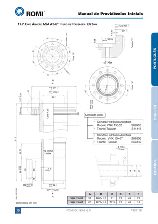 A

M5x0,8 (3x)
M5x0,8 (3x) Prof 10/15
Prof 10/15

30°

87,5 - 0,015h5

00

0

+0,001

+0,20

+0,001

C

B

A

D

D

E

F

61

21

48

72,5

21

48

23

18

T48313D

ESPAÑOL

VISTA "B"

30°

60

60

52,70

5

3
3,
13

0

,2

±0

3
13

0
,2
±0

0

+0,20

ENGLISH

00

80 ±0,1

30°

30°

VISTA "D"

30°
30°

DETALHE "C"
C

0

30°

B

15

13

35
3,

0

,2

±0

60

70

+0,200
85 +0,100

DETALHE "C"

30
52,70 °

7,98

0

165 - 0,10

0

7,98

20
,
±0

PORTUGUÊS

DETALHE "C"
"C" Detalhe "C"

35
3,
13

30°

M8x1,25

7°7'30"

M12x1,75 Pass. (11x)

512

7°7'30"

30°

VISTA "D"
Vista "B"

30°

30°

80

Cone 1:20

DETALHE
VISTA "B"
VistaM12x1,75 Pass. (11x)
"A"
M12x1,75 Pass. (11x)
30°

80

M5x0,8 (3x)
Prof 10/15

30°
30°

0

14,3 - 0,100

Cone 1:20

73 +0,50

VISTA "B"

30°

80

00

80 ±0,1

Cone 1:20

30°

VISTA "D"

•  Cilindro Hidráulico Autoblok
   Modelo VNK 130-52	
S09905
30°
•  Tirante Tubular	
            S44448
30°

5
,3

30°

M5x0,8 (3x)
Prof 10/15

87,5 - 0,015h5

26 ±0,100

Montado com:

VISTA "B"

C

30°

80 ±0,1

80 ±0,1

00

0

10 - 0,021 M8

73 +0,50

30°

87,5 - 0,015h5

10 - 0,021 M8

+0,20
73 +0,50
+0,200
0

15

15

+0,200

70

5

70

30°

+0,200
0

5
0

103 - 0,050

+0,200

0

85 +0,100

5 0
M90x2
Classe 6g

14,3 - 0,100

165 - 0,10

26 ±0,100

78

512
52,70

+0,20

+0,200

M90x2
Classe 6g
30°

+0,001

73 +0,50

85 +0,100

30°
0

(Ref. S37475B)

165 - 0,10

M90x2
Classe 6g

10 - 0,021 M8
0

103 - 0,050

M8x1,25

78
87,5 - 0,015h5

0

+0,200
0

5

512

M8x1,25

M90x2
Classe 6g
+0,050
0

78

30°

30°

7°7'30"

30°

30°

VISTA "D"

80

0

14,3 - 0,100

DETALHE "C"

Cone 1:20

7,98

26 ±0,100

+0,050
0

19,05

60

+0,010

78

103 - 0,050

30°

+0,050
0

ROMI GL 240M v2.0
30°

M72x1,5

30°

M60x1,5

65

19,05

52

19,05

VNK 150-67

B

106

30°

+0,010
0

30°

106,375

A

VNK 130-52

+0,010
0

30°

30°

106

11.2.	Eixo Árvore ASA A2-6” Furo de Passagem Ø73mm
106,375

DETA

0

15

106,3750 0

103 - 0,050

15

165 - 0,10

Dimensões em mm

M12x1,75 Pas

106

30°

30°

GL 240

30°

Manual de Providências Iniciais

•  Cilindro Hidráulico Autoblok
   Modelo  VNK 150-67	
S09906
30°
•  Tirante  Tubular	
            S50340

E máx.
F mín.

 
