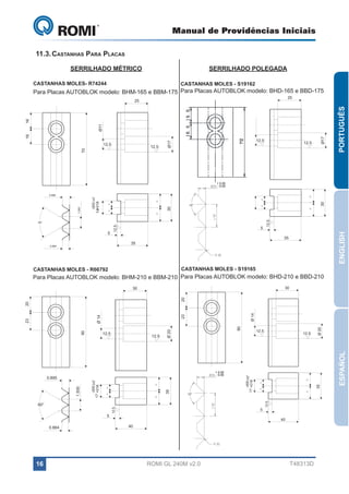 Manual de Providências Iniciais

GL 240

11.3.	Castanhas Para Placas
SERRILHADO MÉTRICO

SERRILHADO POLEGADA

CASTANHAS MOLES- R74244

CASTANHAS MOLES - S19162

Para Placas AUTOBLOK modelo: BHM-165 e BBM-175 Para Placas AUTOBLOK modelo: BHD-165 e BBD-175

PORTUGUÊS

16

-000 H7

5

12.5

5

35

0.864

35

0.864

ENGLISH

0.864

12.5

5

Ø17
30

30

30

1.500

-000 H7

-000 H7

+018
14

+018
14

60°

60°

12.5

60°

1.500

1.500

0.895

12.5

+ 0.05
- 0.00

0.895

0.895

12.5

+018
14

12.5

70

12.5

Ø17

12.5

Ø17

16

Ø11

12.5
70

70

Ø11

16
16

Ø11

16
16

25

25

25

35

CASTANHAS MOLES - S19165

CASTANHAS MOLES - R66792

Para Placas AUTOBLOK modelo: BHM-210 e BBM-210 Para Placas AUTOBLOK modelo: BHD-210 e BBD-210

20

30

0.864

16

40

5

40

0.864

ROMI GL 240M v2.0

0.864

5
40

40

T48313D

Ø 20

ESPAÑOL

12.5

35

35

-000 H7
17 +018

60°

12.5

-000 H7
17 +018

1.500

+ 0.05
- 0.00

12.5

12.5

90
90

35

35
12.5

5

60°

0.895

1.500

0.895

12.5

12.5

Ø 20

Ø 14

23
12.5

Ø 20

23

Ø 20

12.5

-000 H7
17 +018

5

12.5

-000 H7
17 +018

1.500

60°

0.864

12.5

12.5

Ø 14

20

Ø 14

Ø 14
90

90
0.895
1.500

0.895

60°

30

30

20
23

23

20

30

 