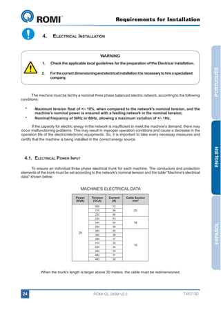 Requirements for Installation

GL 240

4.	 Electrical Installation

WARNING
Check the applicable local guidelines for the preparation of the Electrical Installation.

2.	

For the correct dimensioning and electrical installation it is necessary to hire a specialized
company.

The machine must be fed by a nominal three phase balanced electric network, according to the following
conditions:
*	
*	

PORTUGUÊS

1.	

Maximum tension float of +/- 10%, when compared to the network's nominal tension, and the
machine's nominal power is ensured with a feeding network in the nominal tension;
Nominal frequency of 50Hz or 60Hz, allowing a maximum variation of +/- 1Hz.

4.1.	Electrical Power Input
To ensure an individual three phase electrical trunk for each machine. The conductors and protection
elements of the trunk must be set according to the network's nominal tension and the table "Machine's electrical
data" shown below.

ENGLISH

If the capacity for electric enegy in the network is insufficient to meet the machine's demand, there may
occur malfunctioning problems. This may result in improper operation conditions and cause a decrease in the
operation life of the electric/electronic equipments. So, it is important to take every necessay measures and
certify that the machine is being installed in the correct energy source.

MACHINE'S ELECTRICAL DATA
Current
(A)

200

72

210

69

220

66

230

63

240

60

250

58

360

40

380

38

390

37

410

35

420

34

440

33

460

31

480

25

Tension
(VCA)

30

Cable Section
mm²

25

16

ESPAÑOL

Power
(KVA)

10

When the trunk's length is larger above 30 meters, the cable must be redimensioned.

24

ROMI GL 240M v2.0

T48313D

 