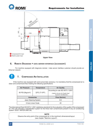 Requirements for Installation

GL 240
or
do nel
the al pa
of ic
ing ctr
en ele
Op the
of

5

PORTUGUÊS

2

1105
505

1140

260

520

93

1

693

1 Compressed Air input
2 Electric power input

6.	Remote Diagnosis + data server interface (accessory)
	
For machine equipped with diagnosis remote + data server interface customer should provide an
Ethernet network

ENGLISH

Upper View

7.	Compressed Air Installation
If the machine was equipped with some pneumatic acessory, it is mandatory that the compressed air is
clean and contaminant-free meeting the following specifications:
Air Pressure

Temperature

85 PSI (6kg/cm²)

Air Quality

22ºC (71.6ºF)

According to rule ISO 8573.1:2001

Acessories

Flow (lts/min)

Jaws Cleaning System

8,5

X Axis Linear Scale

ESPAÑOL

( Identify in the rule the "Quality Class"
required for Tool-Machines )

20

The International Rule ISO 8573.1:2001 stablishes standards for the evaluation of the quality of the compressed
air. This rule indicates a classification system for the three main contaminants present in any air conditioning
system: DUST, WATER AND OIL.

NOTE

Observe the entry point of the compressed air in the machine's dimensional layout
(see chapter "Machine Layout").

27

ROMI GL 240M v2.0

T48313D

 