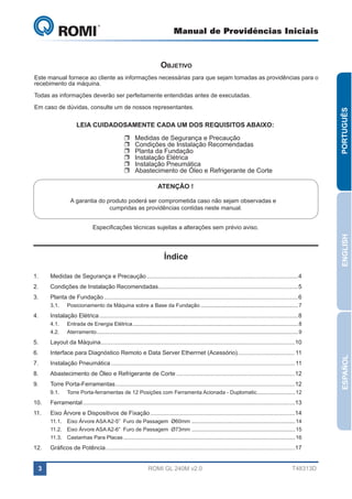 Manual de Providências Iniciais

GL 240
Objetivo
Este manual fornece ao cliente as informações necessárias para que sejam tomadas as providências para o
recebimento da máquina.
Todas as informações deverão ser perfeitamente entendidas antes de executadas.

PORTUGUÊS

Em caso de dúvidas, consulte um de nossos representantes.

LEIA CUIDADOSAMENTE CADA UM DOS REQUISITOS ABAIXO:
UU
UU
UU
UU
UU
UU

Medidas de Segurança e Precaução
Condições de Instalação Recomendadas
Planta da Fundação
Instalação Elétrica
Instalação Pneumática
Abastecimento de Óleo e Refrigerante de Corte
ATENÇÃO !

A garantia do produto poderá ser comprometida caso não sejam observadas e
cumpridas as providências contidas neste manual.

ENGLISH

Especificações técnicas sujeitas a alterações sem prévio aviso.

Índice
1.	

Medidas de Segurança e Precaução.............................................................................................4

2.	

Condições de Instalação Recomendadas......................................................................................5

3.	

Planta de Fundação.......................................................................................................................6
3.1.	

4.	

Posicionamento da Máquina sobre a Base da Fundação................................................................... 7

Instalação Elétrica..........................................................................................................................8
4.1.	

Entrada de Energia Elétrica.................................................................................................................8

4.2.	Aterramento......................................................................................................................................... 9

Layout da Máquina.......................................................................................................................10

6.	

Interface para Diagnóstico Remoto e Data Server Etherrnet (Acessório)................................... 11

7.	

Instalação Pneumática................................................................................................................. 11

8.	

Abastecimento de Óleo e Refrigerante de Corte.........................................................................12

9.	

Torre Porta-Ferramentas..............................................................................................................12
9.1.	

Torre Porta-ferramentas de 12 Posições com Ferramenta Acionada - Duplomatic........................... 12

10.	Ferramental..................................................................................................................................13
11.	

Eixo Árvore e Dispositivos de Fixação.........................................................................................14
11.1.	 Eixo Árvore ASA A2-5” Furo de Passagem Ø60mm ....................................................................... 14
11.2.	 Eixo Árvore ASA A2-6” Furo de Passagem Ø73mm ....................................................................... 15
11.3.	 Castanhas Para Placas..................................................................................................................... 16

12.	

Gráficos de Potência....................................................................................................................17

3

ROMI GL 240M v2.0

T48313D

ESPAÑOL

5.	

 