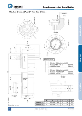 A

M5x0,8 (3x)
M5x0,8 (3x) Prof 10/15
Prof 10/15

30°

0

00

80 ±0,1

00

+0,001

C

B

A

60

D

D

E

F

61

21

48

72,5

21

48

23

18

T48313D

ESPAÑOL

VISTA "B"

30°

80 ±0,1

60

15

+0,200

13

5

3
3,

0

,2

±0

13

,

±0

20

0

+0,20

ENGLISH

00

80 ±0,1

30°

30°

VISTA "D"

30°
30°

DETALHE "C"
C

0

30°

B

15

1

5
,3
33

0

,2

±0

60

70

+0,200
85 +0,100

DETALHE "C"

30
52,70 °

7,98

0

165 - 0,10

0

7,98

20
,
±0

PORTUGUÊS

DETALHE "C"
"C" Detalhe "C"

35
3,
13

30°

M8x1,25

7°7'30"

M12x1,75 Pass. (11x)

512

7°7'30"

30°

VISTA "D"
Vista "B"

30°

30°

80

Cone 1:20

DETALHE
VISTA "B"
VistaM12x1,75 Pass. (11x)
"A"
M12x1,75 Pass. (11x)
30°

80

M5x0,8 (3x)
Prof 10/15

30°
30°

0

14,3 - 0,100

Cone 1:20

73 +0,50

VISTA "B"

30°

80

00

80 ±0,1

Cone 1:20

30°

VISTA "D"

•  Cilindro Hidráulico Autoblok
   Modelo VNK 130-52	
S09905
30°
•  Tirante Tubular	
            S44448
30°

5

3
3,

30°

M5x0,8 (3x)
Prof 10/15

87,5 - 0,015h5

26 ±0,100

Montado com:

VISTA "B"

C

30°

87,5 - 0,015h5

+0,001

+0,20

30°

0

10 - 0,021 M8

73 +0,50

15

87,5 - 0,015h5

10 - 0,021 M8

+0,20
73 +0,50
+0,200
0

52,70

5 0
M90x2
Classe 6g

70

5

70

30°

+0,200
0

5
0

103 - 0,050

+0,200

0

85 +0,100

78

14,3 - 0,100

165 - 0,10

26 ±0,100

+0,20

512
52,70

M90x2
Classe 6g
30°

+0,001

73 +0,50

+0,200

30°
0

85 +0,100

165 - 0,10

M90x2
Classe 6g

10 - 0,021 M8
0

103 - 0,050

M8x1,25

78
87,5 - 0,015h5

0

+0,200
0

5

512

M8x1,25

103 - 0,050

30°

78

30°

M90x2
Classe 6g
+0,050
0

ROMI GL 240M v2.0

+0,050
0

30°

7°7'30"

30°

30°

VISTA "D"

80

0

14,3 - 0,100

DETALHE "C"

Cone 1:20

7,98

26 ±0,100

+0,050
0

19,05

60

+0,010

78

(Ref. S37475B)

M72x1,5

30°

65

30°

M60x1,5

19,05

52

19,05

VNK 150-67

B

106

30°

+0,010
0

30°

106,375

A

VNK 130-52

+0,010
0

30°

30°

106

11.2.	Main Spindle ASA A2-6” Thru Hole Ø73mm
106,375

DETAL

0

15

106,3750 0

103 - 0,050

31

165 - 0,10

Dimensões em mm

M12x1,75 Pas

106

30°

30°

GL 240

30°

Requirements for Installation

•  Cilindro Hidráulico Autoblok
   Modelo  VNK 150-67	
S09906
30°
•  Tirante  Tubular	
            S50340

E máx.
F mín.

 